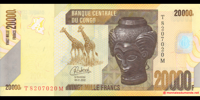 Spécimen de collection : Congo - RD - p104d - 20 000 francs - 2022 - Banque Centrale du Congo | MonnaiesDuMonde.net