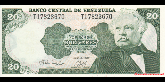 Ma Collection de billets : Venezuela - p64A - 20 Bolívares - 7.07.1987 - Banco Central de Venezuela | MonnaiesDuMonde.net