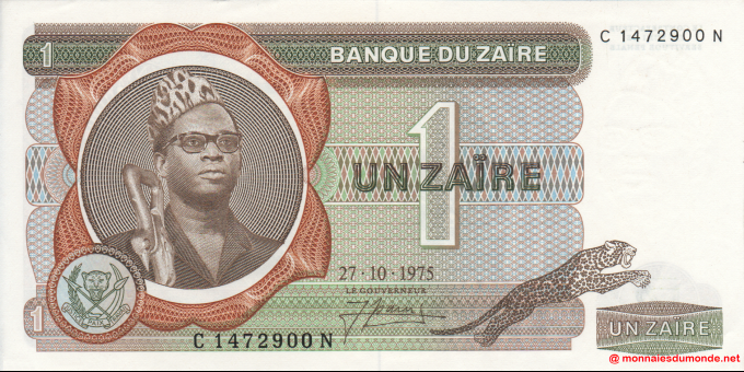 Ma Collection de billets : Zaïre - p18d - 1 Zaïre - 27.10.1975 - Banque du Zaïre | MonnaiesDuMonde.net