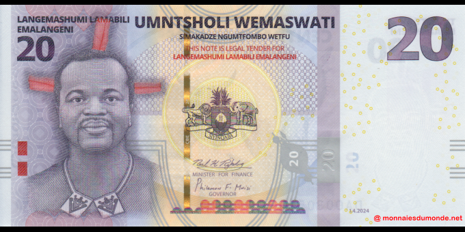 Photographie réelle : Eswatini- P-wB44 - 20 Emalangeni - 01.04.2024 - Central Bank of Eswatini | MonnaiesDuMonde.net