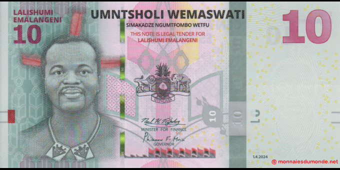 Spécimen de collection : Eswatini- P-wA44 - 10 Emalangeni - 01.04.2024 - Central Bank of Eswatini | MonnaiesDuMonde.net