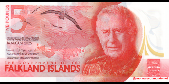 Étude du papier-monnaie : Malouines - p20 - 5 Pounds - 14.08.2025 - The Government of the Falkand Islands | MonnaiesDuMonde.net