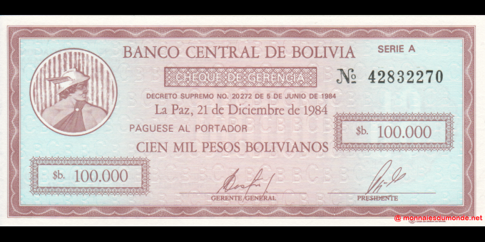 Spécimen de collection : Bolivie - p188 - 100.000 pesos bolivianos - D. 05.06.1984 - Banco Central de Bolivia | MonnaiesDuMonde.