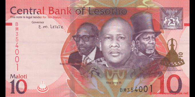 Spécimen de collection : Lesotho - p26b - 10 Maloti - 2024 - Central Bank of Lesotho | MonnaiesDuMonde.net