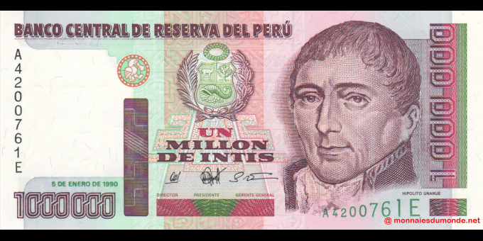 Ma Collection de billets : Pérou - p148 - 1.000.000 Intis - 08.01.1990 - Banco Central de Reserva del Perú | MonnaiesDuMonde.net