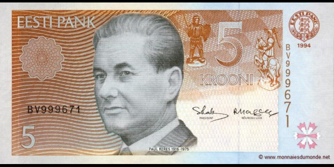 Spécimen de collection : Estonie - p76 - 5&nbsp;Krooni - 1994 - Eesti Pank | MonnaiesDuMonde.net