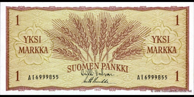 Étude du papier-monnaie : Finlande - p098r38 - 1 Markka / Mark - 1963 - Suomen Pankki / Finlands Bank | MonnaiesDuMonde.net
