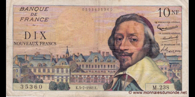 Photographie réelle : France - p142a - 10 Nouveaux Francs - 05.07.1962 - Banque de France | MonnaiesDuMonde.net
