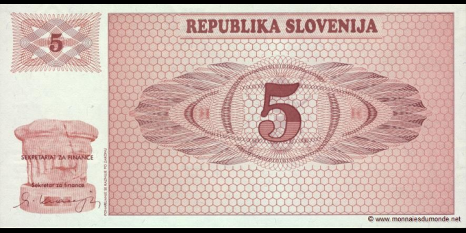 Photographie réelle : Slovénie - p03 - 5&nbsp;tolarjev - 1990 - Republika Slovenija | MonnaiesDuMonde.net