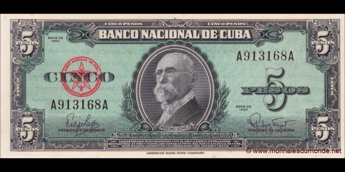 Ma Collection de billets : Cuba - p092 - 5&nbsp;Pesos - 1960 - Banco Nacional de Cuba | MonnaiesDuMonde.net