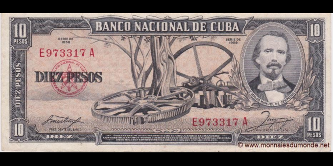 Photographie réelle : Cuba - p088b - 10&nbsp;Pesos - 1958 - Banco Nacional de Cuba | MonnaiesDuMonde.net
