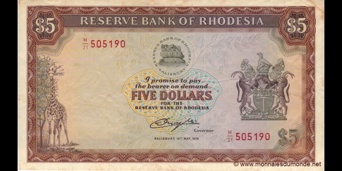 Photographie réelle : Rhodésie - p40a - 5&nbsp;dollars - 15.05.1979 - Reserve Bank of Rhodesia | MonnaiesDuMonde.net