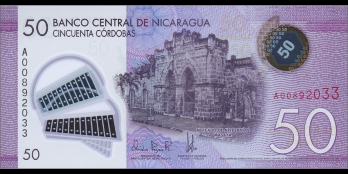 Spécimen de collection : Nicaragua - p211 - 50 Córdobas - Res. 26.03.2014 (2015) - Banco Central de Nicaragua | MonnaiesDuMond