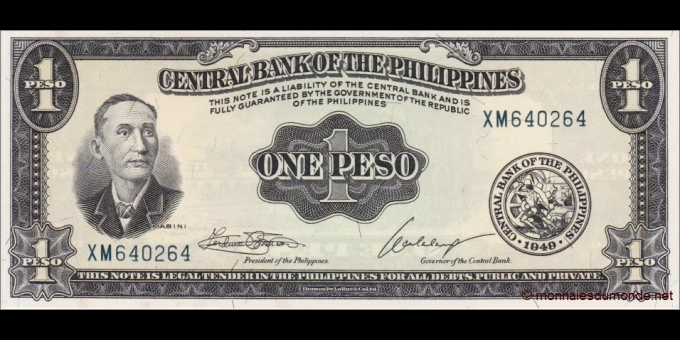Étude du papier-monnaie : Philippines - p133h - 1&nbsp;Peso - ND (1949 - 1969) - Central Bank of the Philippines | MonnaiesDuMonde.