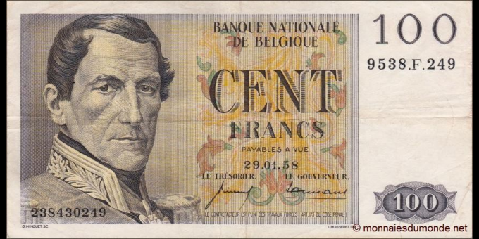 Ma Collection de billets : Belgique - p129c - 100 Francs / Frank - 29.01.1958 - Banque Nationale de Belgique / Nationale Bank va