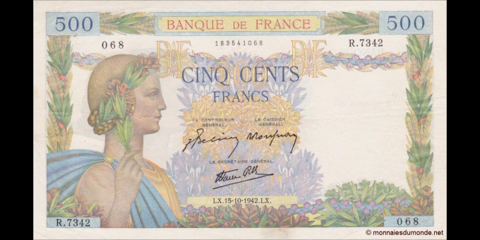 Spécimen de collection : France - p095b - 500 Francs - 15.10.1942 - Banque de France | MonnaiesDuMonde.net