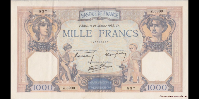 Étude du papier-monnaie : France - p090c - 1.000 Francs - 26.01.1939 - Banque de France | MonnaiesDuMonde.net