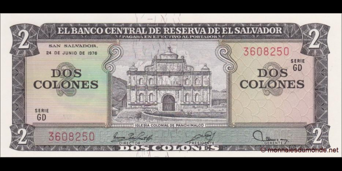 Étude du papier-monnaie : Salvador - p124a2 - 2 Colones - 24.06.1976 - Banco Central de Reserva de El Salvador | MonnaiesDuMonde