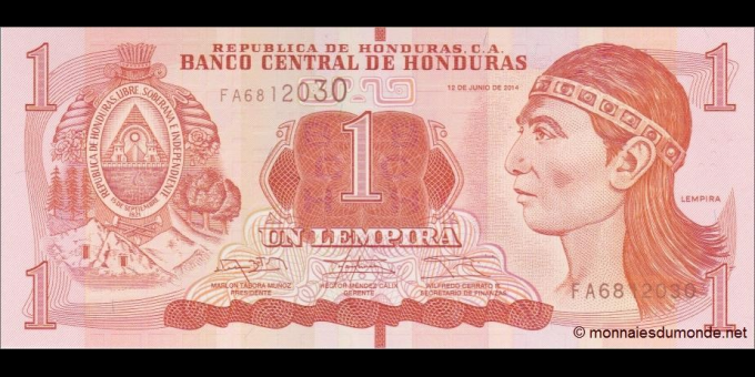 Ma Collection de billets : Honduras - p096b - 1 Lempira - 12.06.2014 - Banco Central de Honduras | MonnaiesDuMonde.net