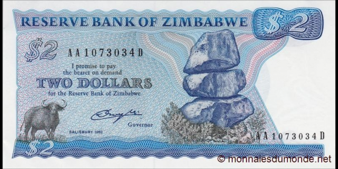 Spécimen de collection : Zimbabwe - p01a - 2 Dollars - 1980 - Reserve Bank of Zimbabwe | MonnaiesDuMonde.net