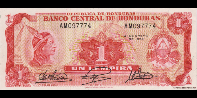 Étude du papier-monnaie : Honduras - p055b - 1 Lempira - 1972 - Banco Central de Honduras | MonnaiesDuMonde.net