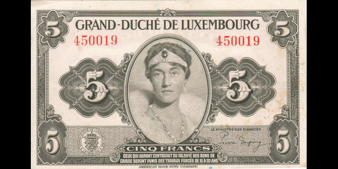 Ma Collection de billets : Luxembourg - p43a - 5 Francs - 1944 - Grand-Duché de Luxembourg | MonnaiesDuMonde.net
