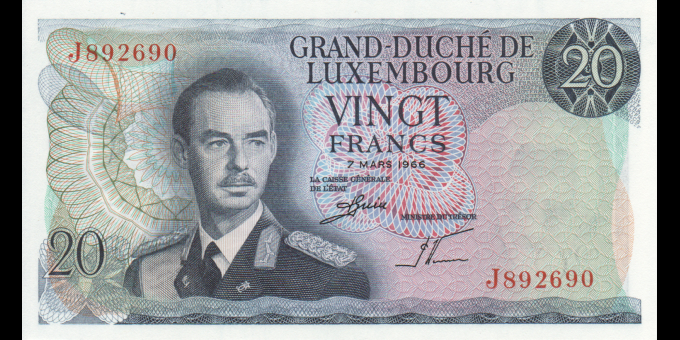 Photographie réelle : Luxembourg - p54b - 20 Francs - 07.03.1966 - Grand - Duché de Luxembourg | MonnaiesDuMonde.net