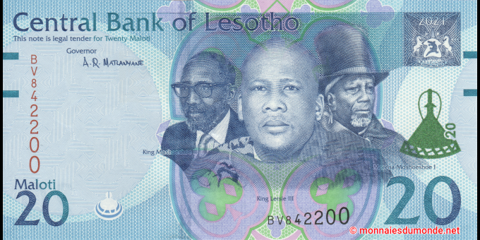 Photographie réelle : Lesotho - p27a - 20 Maloti - 2021 - Central Bank of Lesotho | MonnaiesDuMonde.net