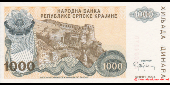 Étude du papier-monnaie : Croatie - pR30 - 1.000 Dinara - 1994 - Narodna Banka Republike Srpske Krajine | MonnaiesDuMonde.net