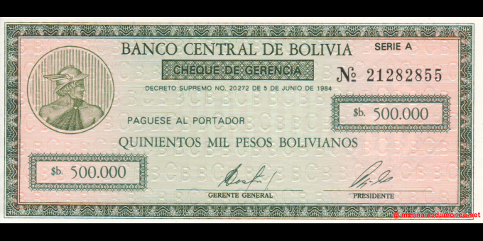 Ma Collection de billets : Bolivie - p189 - 500.000 pesos bolivianos - D. 05.06.1984 - Banco Central de Bolivia | MonnaiesDuMond