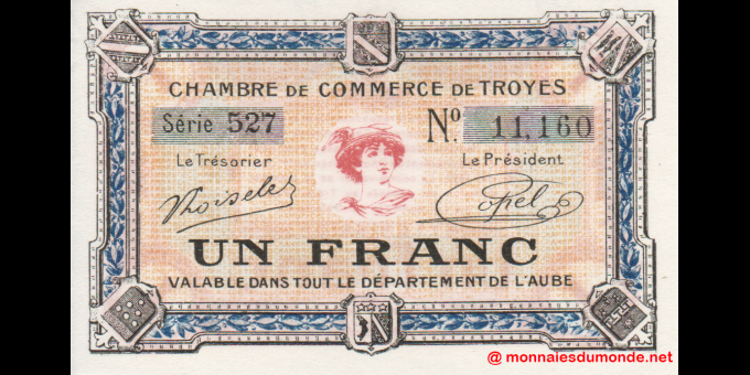 Spécimen de collection : France - JP124 - 1 Franc - 1926 - Chambre de Commerce de Troyes | MonnaiesDuMonde.net