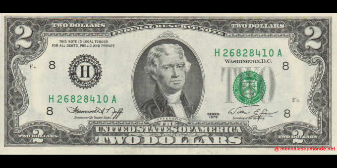 Étude du papier-monnaie : Etats Unis d'Amérique - p461H - 2 Dollars - 1976 - Federal Reserve System | MonnaiesDuMonde.net