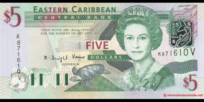 Étude du papier-monnaie : St Vincent et les Grenadines - p31V - 5 Dollars - ND (1994) - East Caribbean Currency Authority | Mon