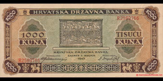 Photographie réelle : Croatie - p12 - 1 000 Kuna - 01.09.1943 - Hrvatska Državna Banka | MonnaiesDuMonde.net
