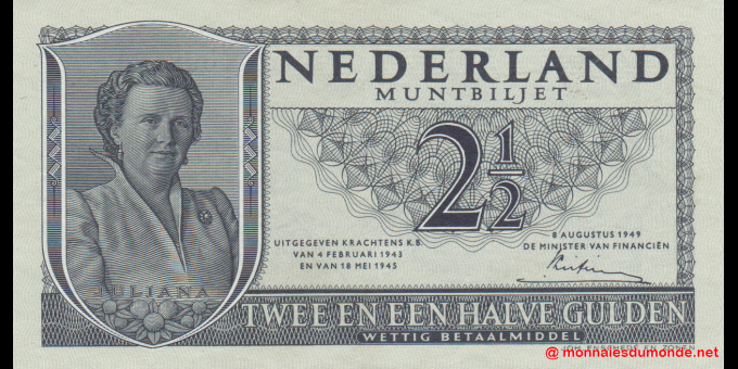 Photographie réelle : Pays-Bas - p73 - 2,5 Gulden - 08.08.1949 - Ministerie van Financiën | MonnaiesDuMonde.net