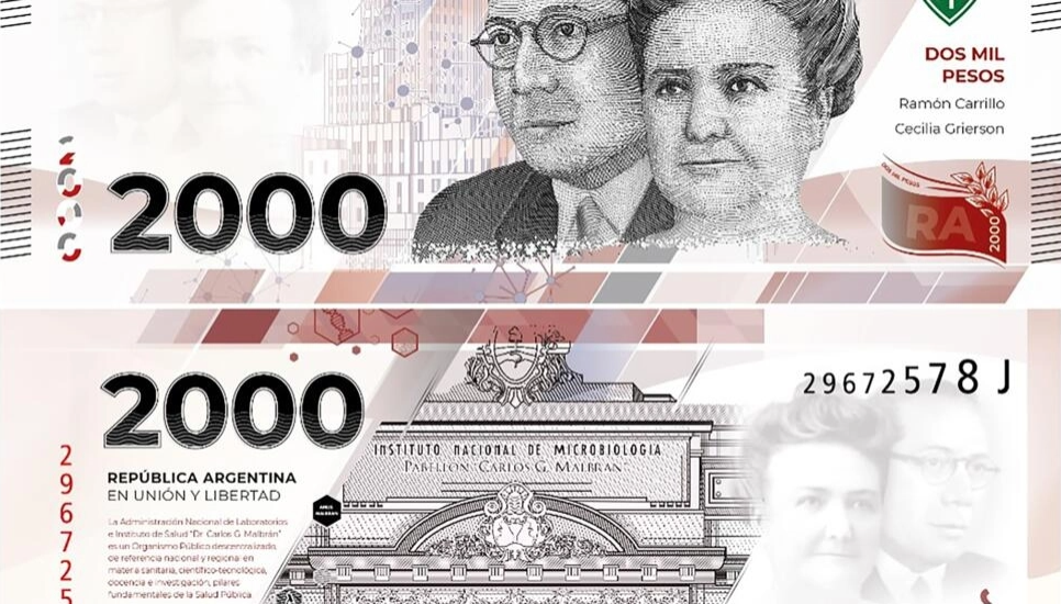 Le nouveau billet de banque argentin de 2.000 pesos, selon une photo diffusée par la Banque centrale d'Argentine, le 2 février 2023 à Buenos Aires © - / Central Bank of Argentina/AFP/Archives